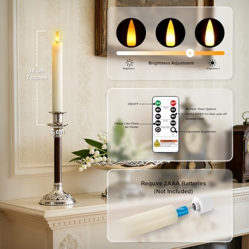 7 Inches Flameless Taper Candles with Remote Timer, Real Wax Ivory Short Led Candlesticks, 3D Wick Light Battery Operated Candlesticks for Christmas Home Wedding Table Decor, 6 Pcs - Image 2