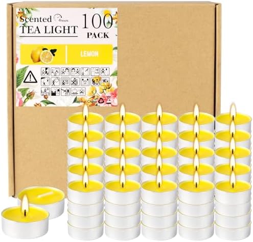 100 Pack Scented Tealight Candles - 4 Hours Burning Lemon Aromatherapy | Valentine's Day Romantic Dinner & New Year Home Decor, Yellow Votive Candles for Wedding, Holiday Gift & Emergency (Yellow) by fclayvts