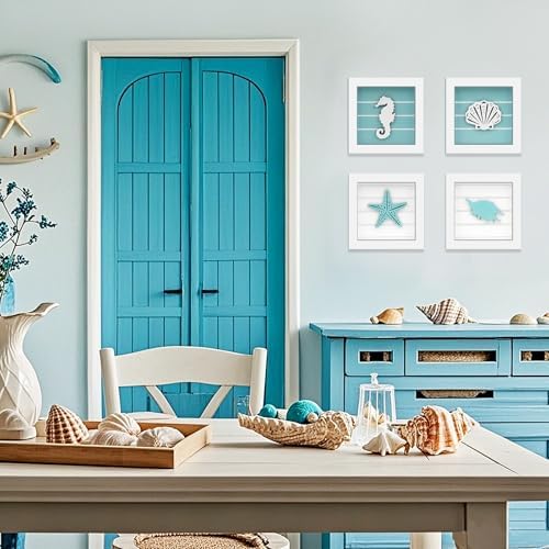 DETENE 4Pcs 3D Nautical Wall Art, Starfish Seashell Framed Bathroom Decor - Image 4