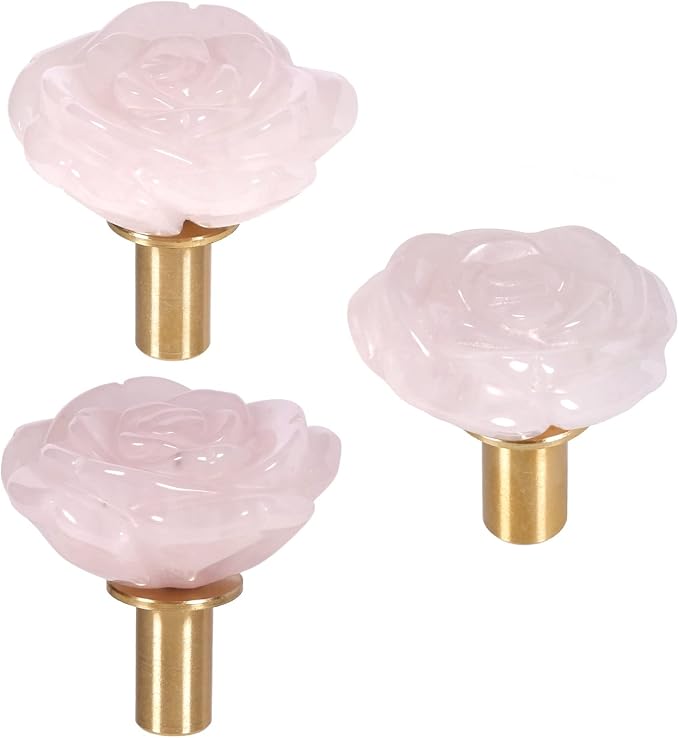mookaitedecor Set of 4 Natural Rose Quartz Crystal Cabinet Knobs with Screws, Decorative Floral Stone Drawer Pulls for Dresser Door Kitchen