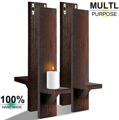 Potchen 4 Set Wall Candle Sconces Wooden Decorative Shelf Mount, Brown - Image 3