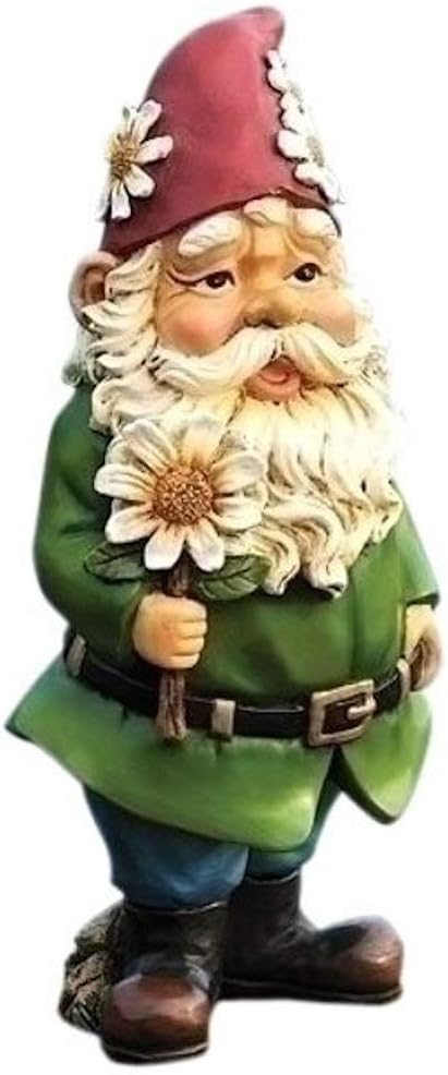 Giftware by Roman Inc., 12.25" H GNOME with Daisy Statue, Garden Collection, Outdoor Statue, Memorial, Resin Stone, Adorable Frogs and Flowers, Garden Décor (12x4x5)