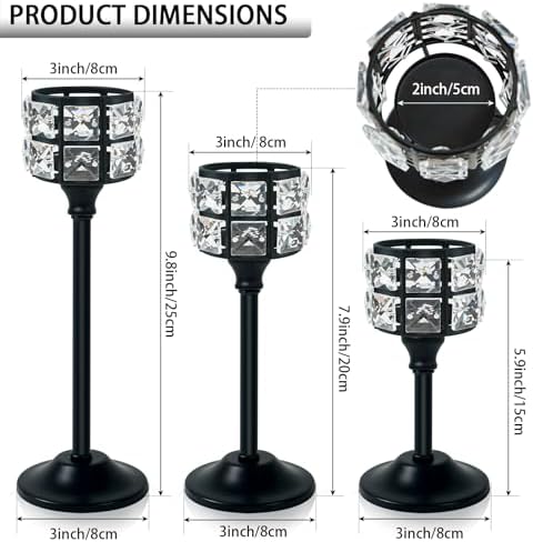 Crystal Metal Candle Holder, Square Crystal Beads Bling Tea Light Candlestick, Tall Votive Candelabra Elegant Centerpiece for Table Wedding Decoration, Home Decor (Black, Set of 3) - Image 2