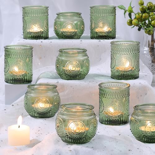 DARJEN 12Pcs Green Votive Candle Holders - Glass Tea Light Candle Holder for Wedding Shower, Candle Holder Bulks for Wedding & Home Table Decor, Vintage Parties Gifts by DARJEN