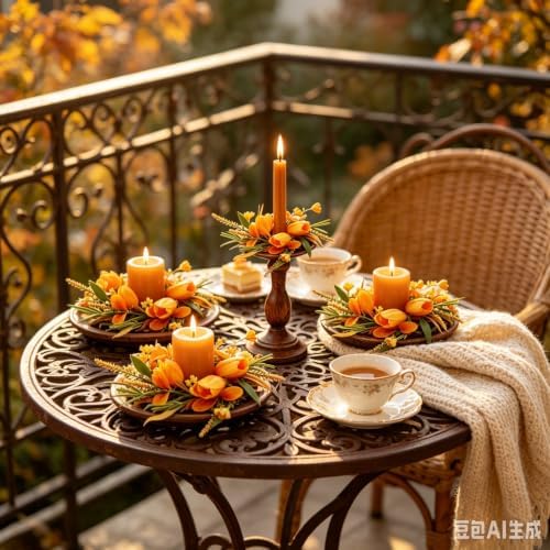 6 Pcs 1.38" Mini Fall Taper Candle Rings Wreaths Small Artificial with Orange Tulips Yellow Flowers Wheat Grass Green Leaves Orange Decorative Leaves Taper Candle Holder Wreath for Candlesticks Decor - Image 6