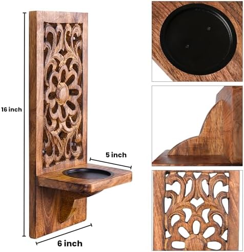 Wooden Wall Floral Carved Candle Sconces, 16 Inch – Burnt - Image 6