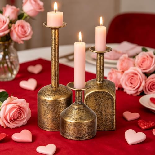 Farmhouse Metal Candlestick Holders in Antique Gold, Tall Taper Candle Holder, Set of 3, Industrial Farmhouse Style, Decor for Table Centerpiece (Gold) - Image 4