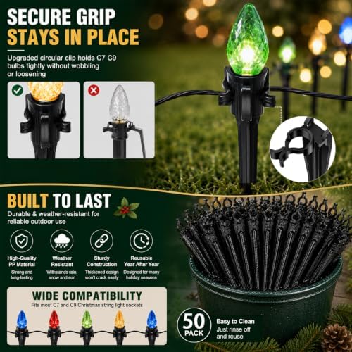 12 Inch Christmas Light Stakes Outdoor Lights Stake 50 Pack Universal Yard Lawn Stake for C6 C7 C9 Christmas Pathway Lights Holiday Light Stakes for Christmas Decorations Outdoor Garden Patio(Black) - Image 6