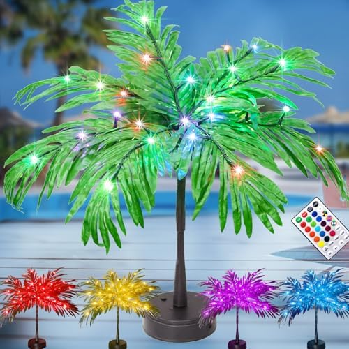 28 Colors Changing Light Up Palm Tree Table Decor, 23In Tropical Artificial Palm Tree Lights Battery USB Powered, LED Mini Palm Tree Table Centerpiece for Luau Summer Hawaiian Party Home by Livewithcolorfullights
