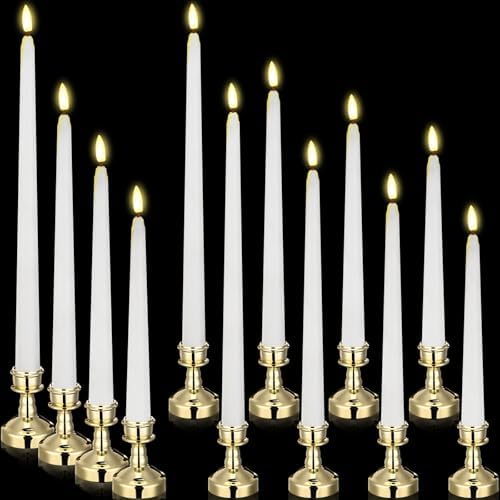 Rossesay 12 Pcs LED Taper Candles Holders, Gold Holder & White Candles by Rossesay