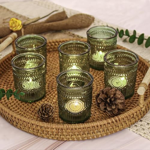 24 Pcs Green Glass Votive Candle Holders, Tealight Candle Holders for Table Centerpieces, Vintage Candle Holder Bulk, Boho Wedding, Home, Bridal Shower, Birthday Party Table Decor (Green) by JALANCY