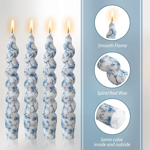Spiral Candle Sticks Printed Candlestick,Set of 4 Long Taper Candle Colorful Twisted Candlesticks 10 inches Blue Flower Tapered Candles for Home Wedding Women Gifts (2D4T-BLUFLW) - Image 6