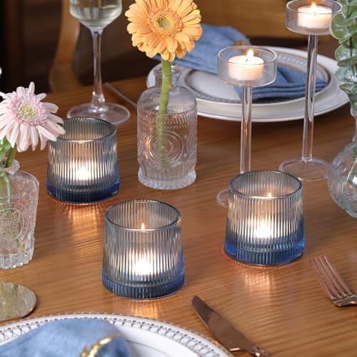 DARJEN Blue Ribbed Tealight Votive Candle Holders- 6Pack - Image 3