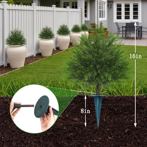 2 Pack 23" Artificial Cedar Topiary Ball Trees with Ground Spike - Image 3