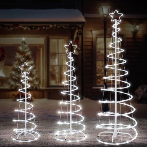 3 Packs Christmas Spiral Tree with Lights, 3/4/5 FT Lighted Xmas Collapsible Tree with Metal Stakes for Indoor & Outdoor, Yard, Porch, Garden Holiday Decor (White, 3-4-5 FT) by FLAGLY