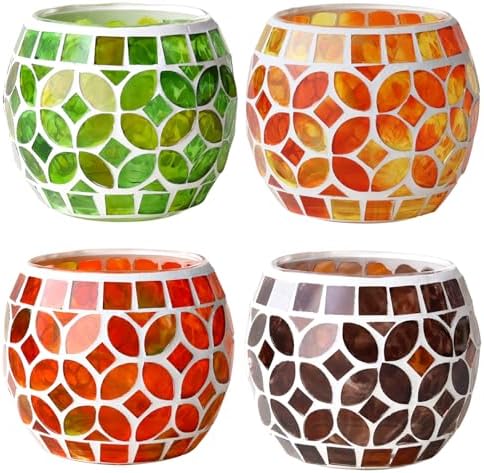 SHMILMH Mosaic Candle Holders Set of 4, Handmade Glass Tealight Votive Holders, Fall Thanksgiving Diwali Decor, Autumn Wedding Party Table Centerpiece, Brown Orange Green by SHMILMH