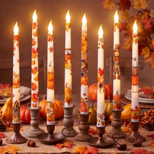 Lounsweer 8 Pcs Fall Flameless Taper Candles LED Candles 10'' Wick Flickering Electric Tall Flameless Candlesticks Battery Operated for Thanksgiving Fall Autumn Home Party Decor by Lounsweer