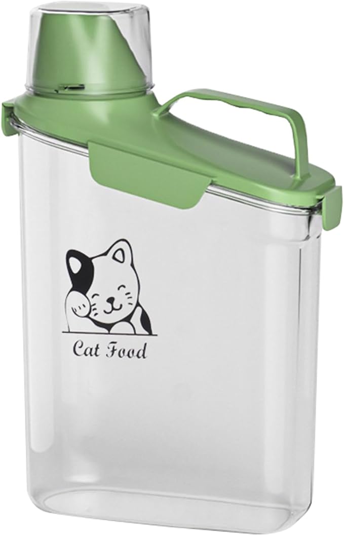 Cat Food Storage Container Airtight |3 Qt/2.8 L Clear Plastic Cat Food Treats Container with Measuring Cup/Pour Spout|Hold up to 3.8 lbs Pet Food|Portable Food box for Travel| BPA Free-green