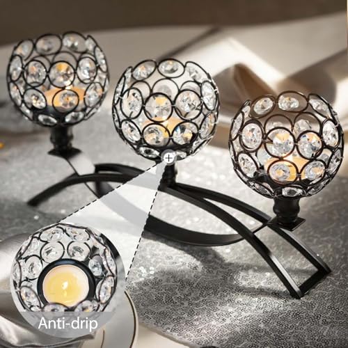 Crystal Tealight Candle Holder Centerpiece Home Decorative Candlestick Holder Elegant Table Centerpiece Home Decor Wedding Party Anniversary (Black, 3 Arm) - Image 3