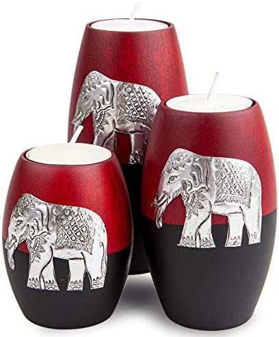 IYARA CRAFT 3 Wooden Candle Holders– Decorative Candle Holders with Inlaid Aluminium Antique Elephant – Intricate Details – Matte Wood Finish – Ideal for Modern & Rustic Settings (Rugby Shape) by IYARACRAFT