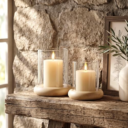 Set of 2 Hurricane Glass Candle Holders with Natural Brown Wood Base Decorative Candle Lantern, Farmhouse Rustic Boho Table Centerpieces Decor for Living Room, Outdoor Home Decor - Image 6