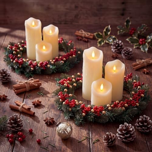 Daifunli 2 Pcs Christmas Gold Ball Red Berry Pine Needle Candle Ring Artificial Berry Bell Wreaths for Pillar 12 Inch Candle Holder for Winter Christmas Country Wedding Kitchen Table Centerpiece Decor by Huiinen