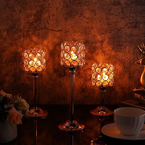 Mumufy 12 Pieces Crystal Candle Holders Set 3 Sizes Tall Crystal Wedding Candlestick Holders Pillar Candelabra Stand for Table Centerpieces for Christmas Party Wedding Dining Decoration (Gold) - Image 4