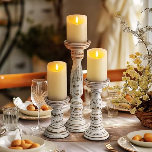 Homemory 3 Pack Wood Candle Holders, Farmhouse Rustic Pillar Candle Decor - Image 2