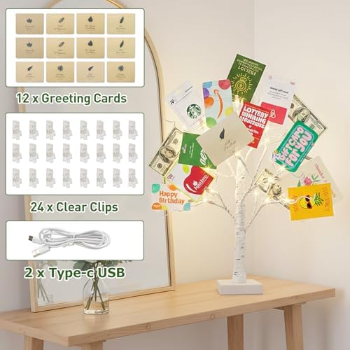 EAMBRITE Money Tree Gift Holder, Gift Card Tree 2FT 24LED, Lighted Birch Trees Battery/USB Powered Timer Photo Display with 24 Clips and 12 Cards for Home Graduation Christmas Picture Memo 2 Pack - Image 4