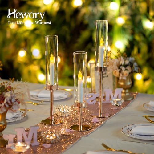 Hewory Gold Candlestick Holders: 6PCS Cylinder Glass Hurricane for Tapers - Image 2