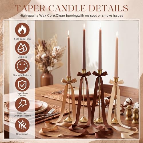 12 Pcs Fall Party Decor Brown Taper Candles with 3 Roll Ribbon - Image 5