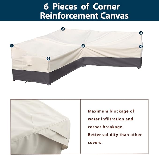 Outdoor Sectional Cover, 90-inch V Shaped Patio Furniture Sofa Covers Waterproof Rip-Stop Anti-UV 600D Heavy Duty Outdoor Couch Cover with 3 Air Vents, Beige & Charcoal