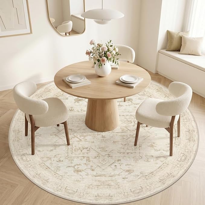 Round Area Rug Living Room: 6ft Washable Carpet Beige/Brown | Vintage Boho Circle Soft Large Circular Carpet Bedroom Nursery Neutral Dining Room Indoor Decor Floor Non-Slip Under Table