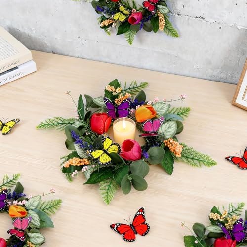 6 PCS Spring Lavender Tulips Candle Rings Wreaths Artificial Floral Pillar Candle Holder Wreaths with Butterfly Mini Spring Summer Candle Rings for Table Centerpiece Home Farmhouse Cabinet Porch Decor - Image 2