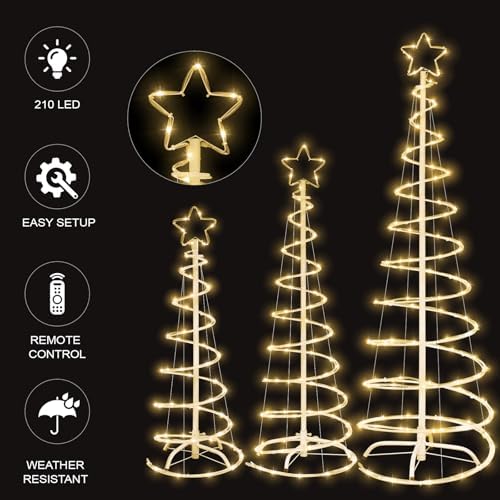 3 Packs Christmas Spiral Tree with Lights, 3/4/5 FT Lighted Xmas Collapsible Tree with Metal Stakes for Indoor & Outdoor, Yard, Porch, Garden Holiday Decor (Warm White, 3-4-5 FT) - Image 4