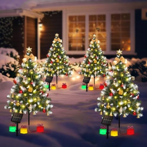 Mini Christmas Tree Solar Lights, Outdoor Decorations, 4 Pack by ILLUMINEW
