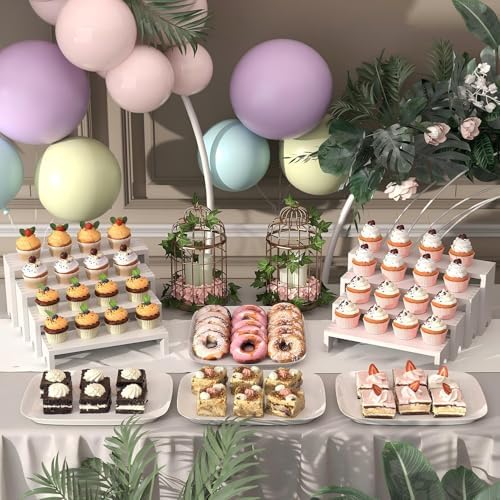 2 Set White Wood Tiered Riser Display Stands for Vendor Events,Stackable Wooden Cupcake Stand,Farmhouse Decor Wood Dessert Table Display Set,Vendor Booth Display Items,Food Display Risers for Party - Image 2