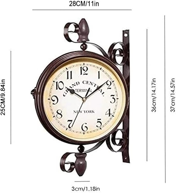 Vintage Wall Mounted Clock Outdoor Double Sided Clock, Metal Vintage Double Sided Hanging Clock, for Patio, Garage, Outdoor Area Antique Look Train Station Clock Two Sided Clock for Indoors/Outdoors