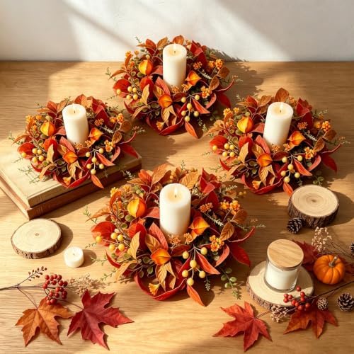 4 PCS Fall Candle Ring Wreaths Artificial Autumn Candle Holder Wreath - Image 2