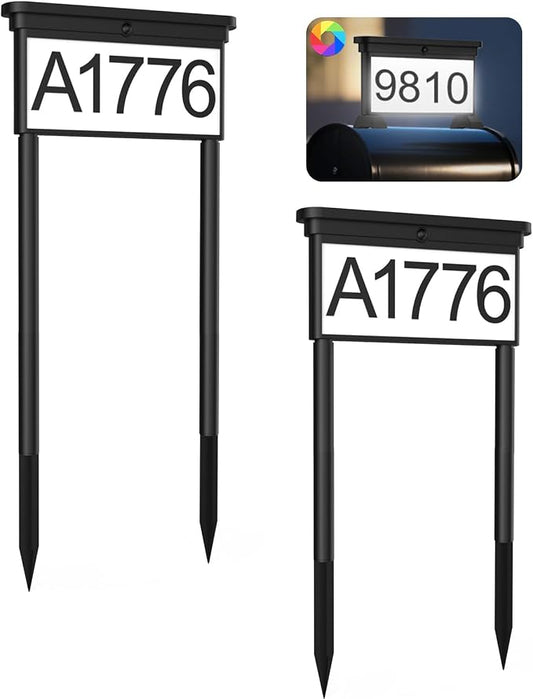 LumiZen Solar Address Sign, House Numbers for Outside Double Side, 12-Color Modes Lighting Address Plaque Outdoor Waterproof, Illuminated LED Address Numbers with Stakes for Yard Home Mailbox-2pack