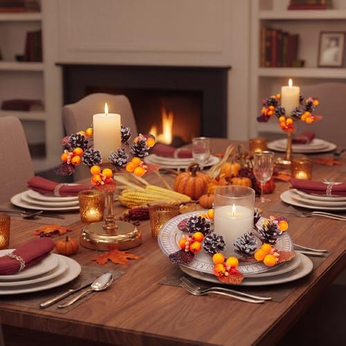 Daifunli 2 Pcs Fall Pillar Berry Candle Ring 3.25 Autumn Maple Pine Cones Acorns Wreath Candles Holder for Thanksgiving Winter Christmas Rustic Table Centerpiece Mantel Door Decor - Image 6