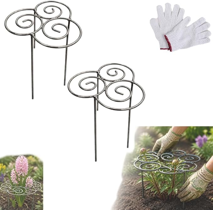 Metal Plant Support Ring for Garden, Heavy Duty Green Flower Hoop with Gardening Gloves, Peony Cage Stand for Outdoor Beds Indoor Pots, Grow Through Trellis 3 Sizes (2PCS, Small (10.8in Diameter))