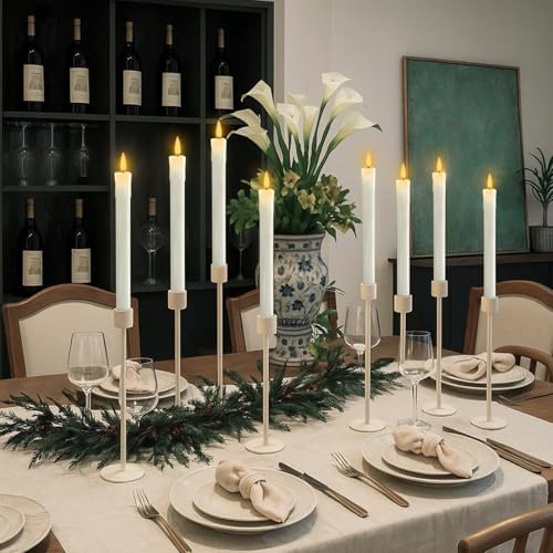 Homemory 9.6 Inches Waxy Flameless Taper Candles with Remote Timer Dimmer, Flickering LED Candlesticks, Battery Operated Window Candle for Christmas Wedding Decor, 6 Pcs White Drip Taper Candles - Image 2
