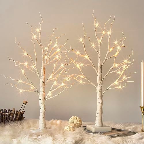 White Birch Tree with LED Lights - Set of 2, Tabletop Tree with Timer, Christmas Decorations Lighted Tree for Indoor Mantel Home Decor (2 FT, 24 LED) by Vanthylit