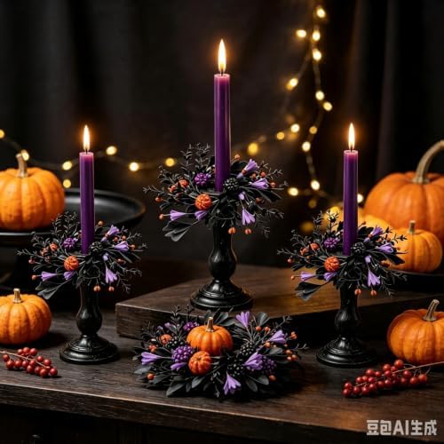 6 Pcs 1.38" Mini Halloween Taper Candle Rings Wreaths Small Artificial with Black Foliage Purple Blooms Orange Berries Pom Flowers Taper Candle Holder Wreath for Spooky Farmhouse Home Candlesticks - Image 4