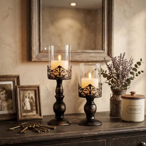 Sziqiqi Black Pillar Candle Holders: Gothic Metal Hurricane Candle Holders - Image 2