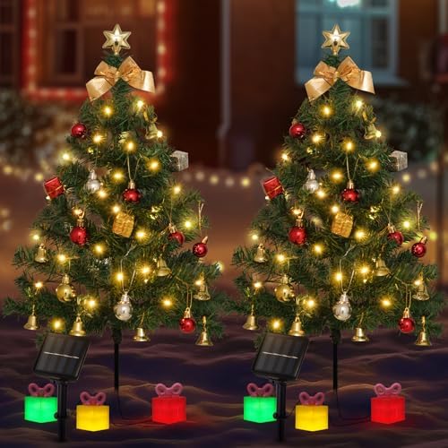Mini Christmas Tree Solar Lights, Outdoor Decorations, 2 Pack by ILLUMINEW