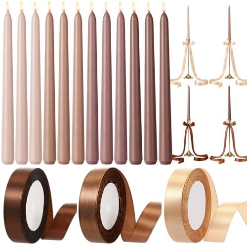 12 Pcs Fall Party Decor Brown Taper Candles with 3 Roll Ribbon by Windkream