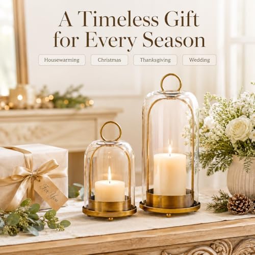 Hurricane Glass Candle Holders in Antique Brass, 5" & 4" Wide Gold Vintage Metal Candlesticks Holders for Pillar Candle Lantern with Handmade Thick Glass Dome, Industrial, Modern Home Decor (Brass) - Image 7