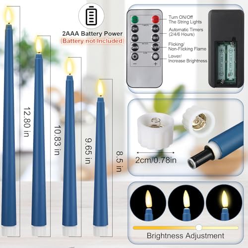 Rossesay 16 Pcs Blue Flameless Taper Candle with Remote Timer - Image 3